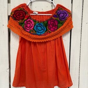 Vibrant Orange Blouse with Floral Embroidery M/L